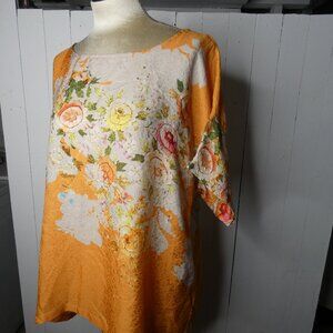 Dressori XL 100% Silk Tunic Top Dolman Sleeve Orange Geometric Art To Wear